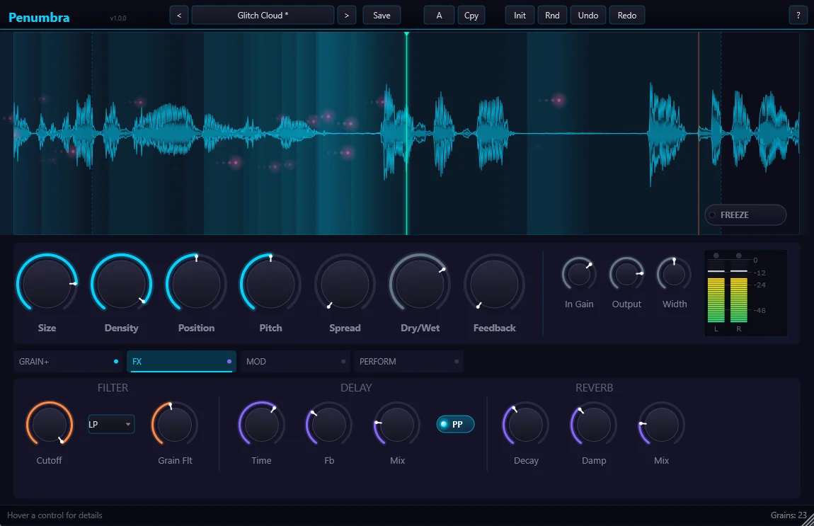 FX tab - filter, delay, and reverb sections