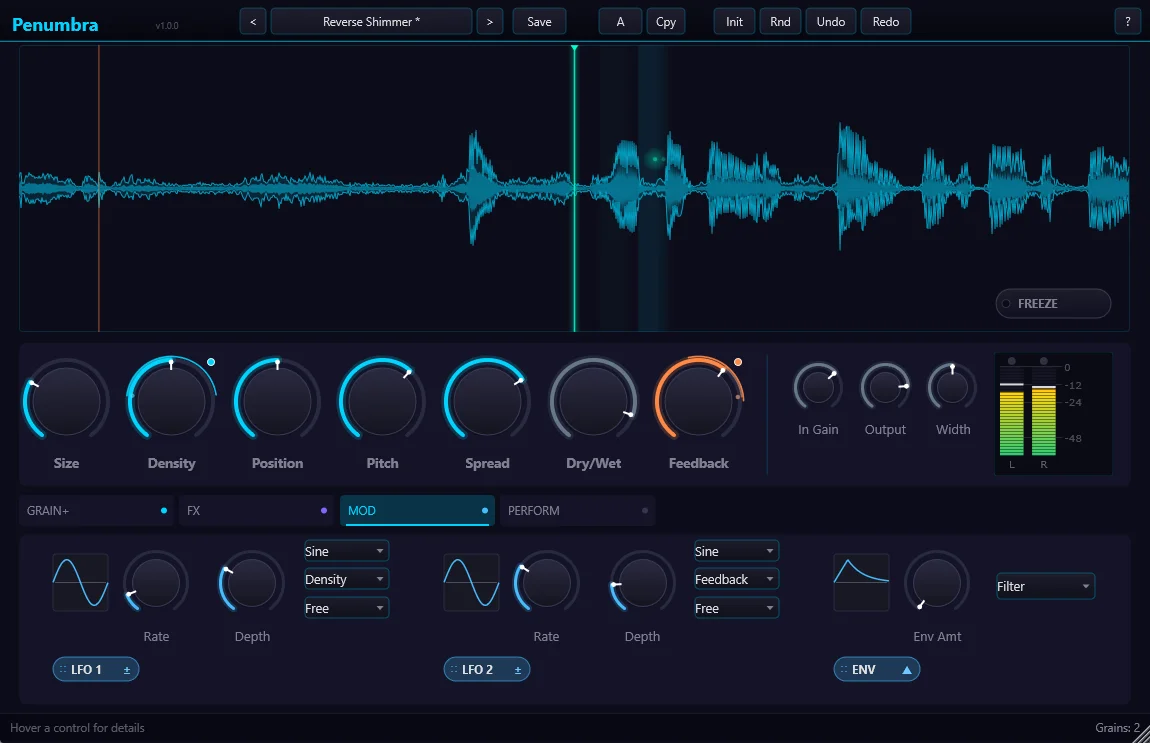 MOD tab - LFO waveform previews and drag-to-assign modulation