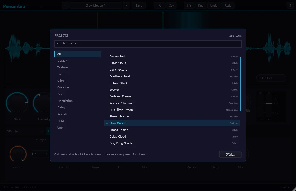 Preset browser with 26 factory presets