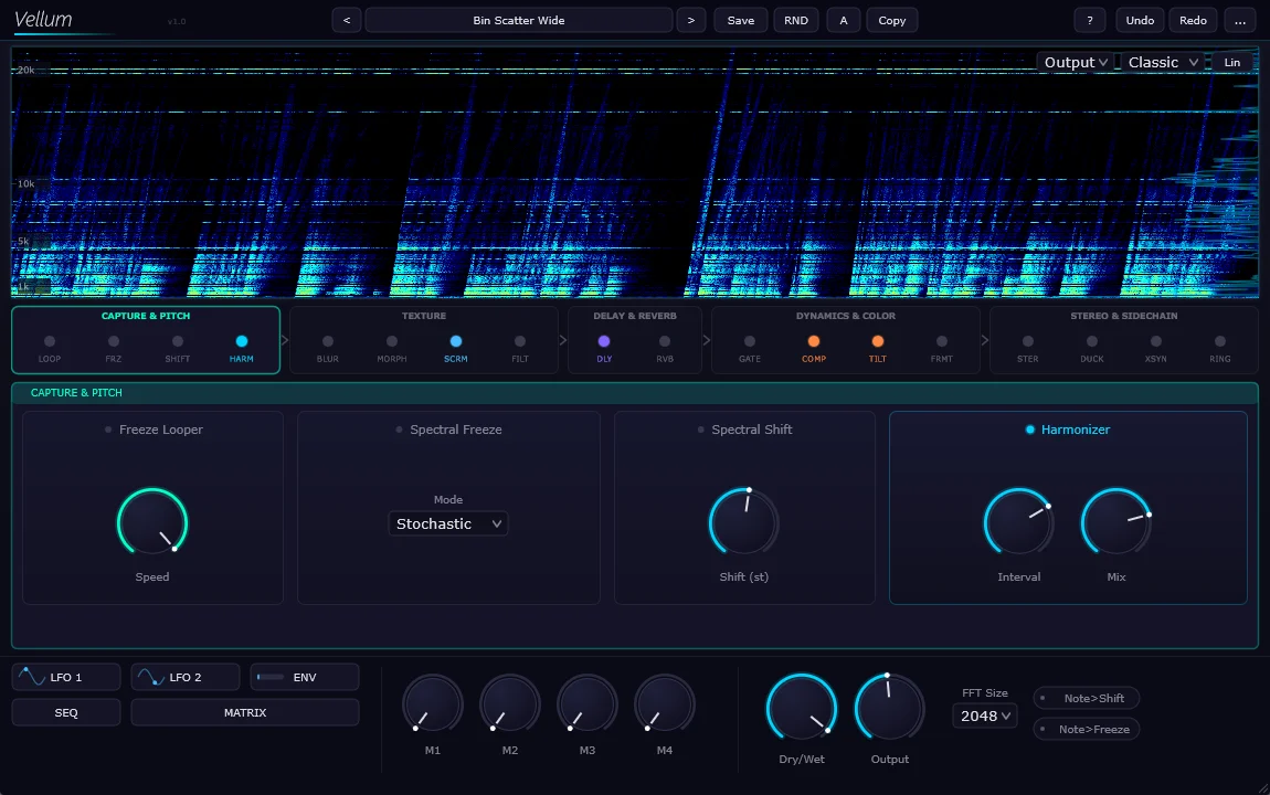 Vellum main view - live spectrogram and the 18-module signal chain