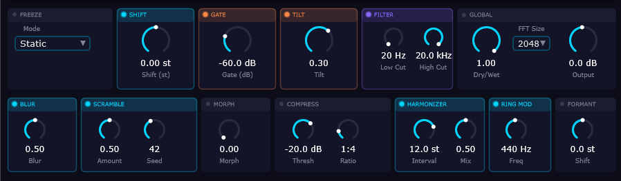 Top effects rack — Freeze, Shift, Gate, Tilt, Filter, Blur, Scramble, Compress, Harmonizer, Ring Mod, Formant