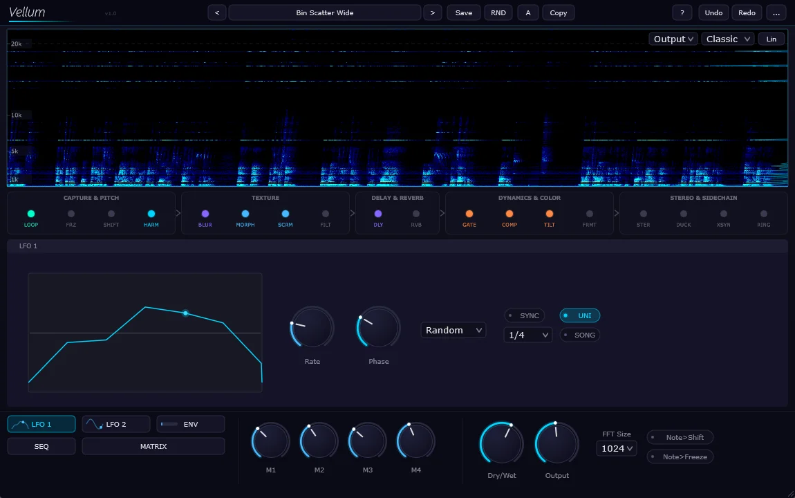 Vellum LFO page - live waveform display, tempo sync, phase